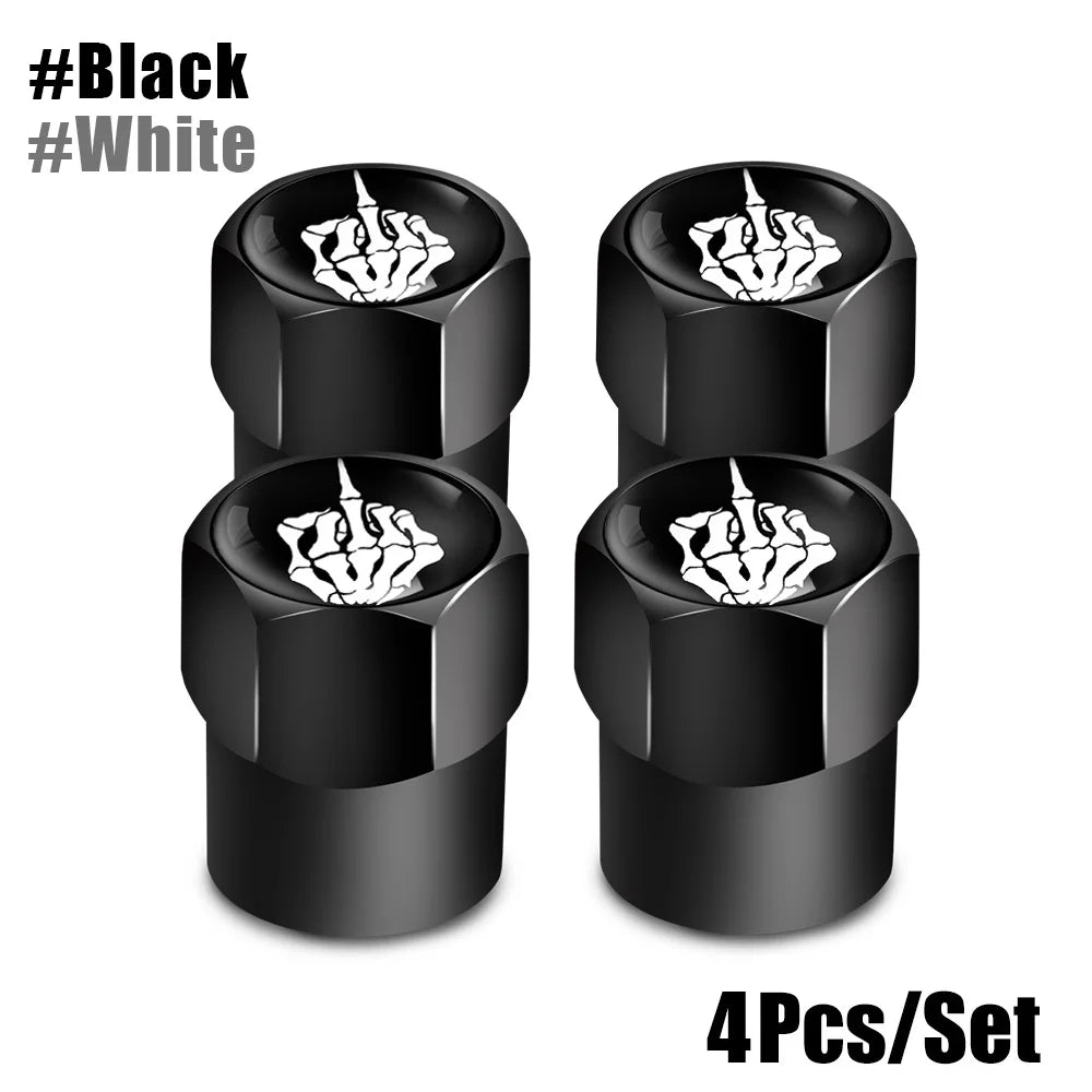 Red Skull Valve Stem Caps | 4-Pack Aluminum Alloy Tire Valve Covers for Cars, Trucks, close-up view