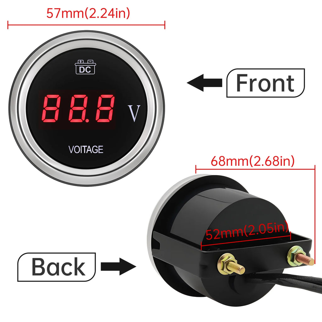 52mm Car Boat Battery Voltage Gauge DC12V~24V Voltmeter Voltage Indicator With Red LED Backlight Waterproof for Boat Marine