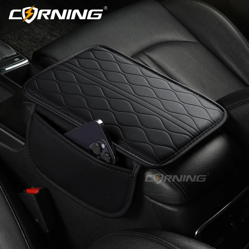 Universal Car Armrest Pad - PU Leather Memory Sponge Armrest Cushion Vehicle Center Console Cover Protector With Side Pocket