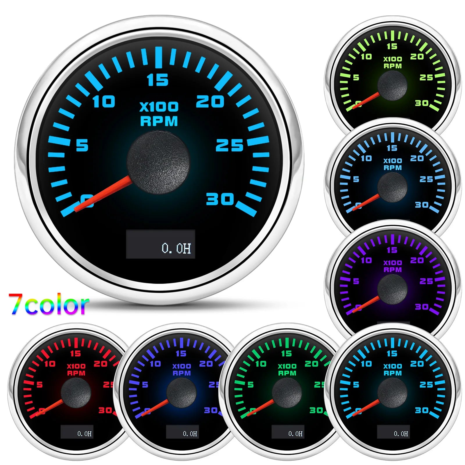 52mm Tachometer with Hourmeter | 7 Color Backlight RPM Gauge for Car Boat alternate view