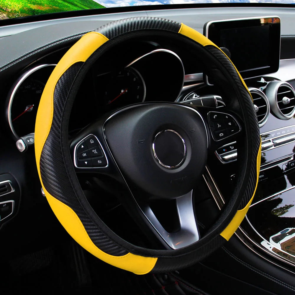 Car Decoration PU Carbon Fiber Leather Car Steering Wheel Cover No Inner Ring Univers lifestyle view