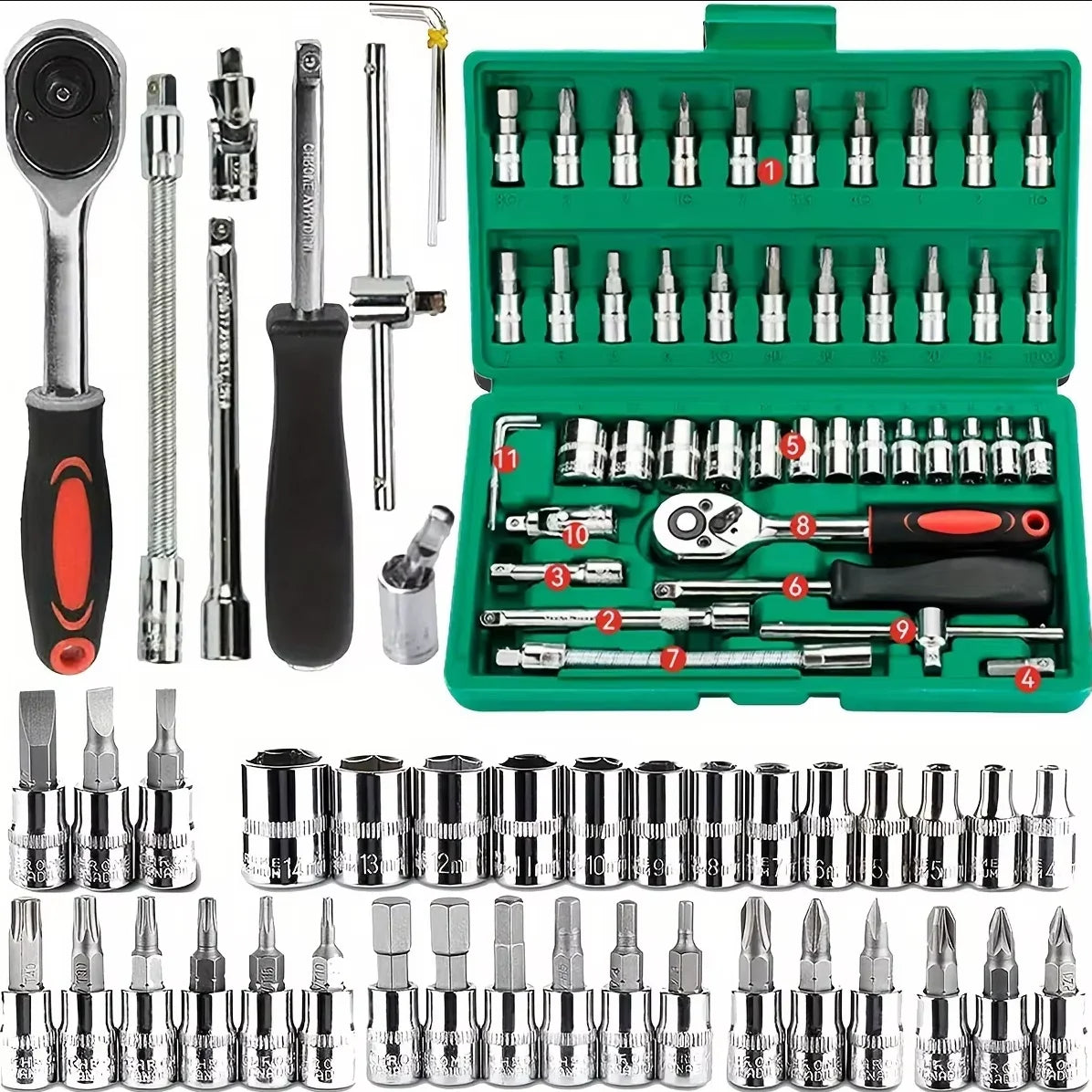 46Pcs Family Tools 1/4 Set Mechanic Tool Kits for Auto Repair Hous with Sockets Met additional angle