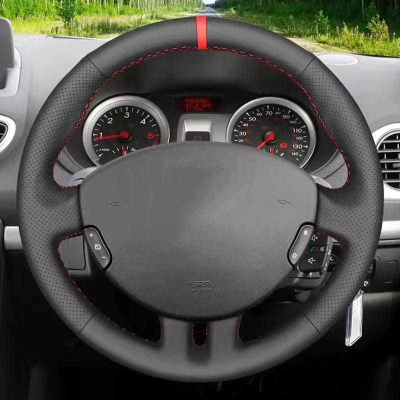 Black Leather Car Steering Wheel Braid Soft Leather Cover For Renault Clio 3 RS 2005 alternate view
