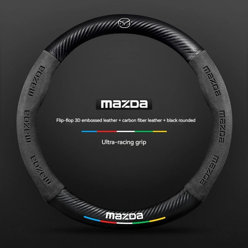 Carbon Fiber Suede Car Steering Wheel Cover | Compatible with Mazda 3 5 6 CX5 CX8 MX5 close-up view