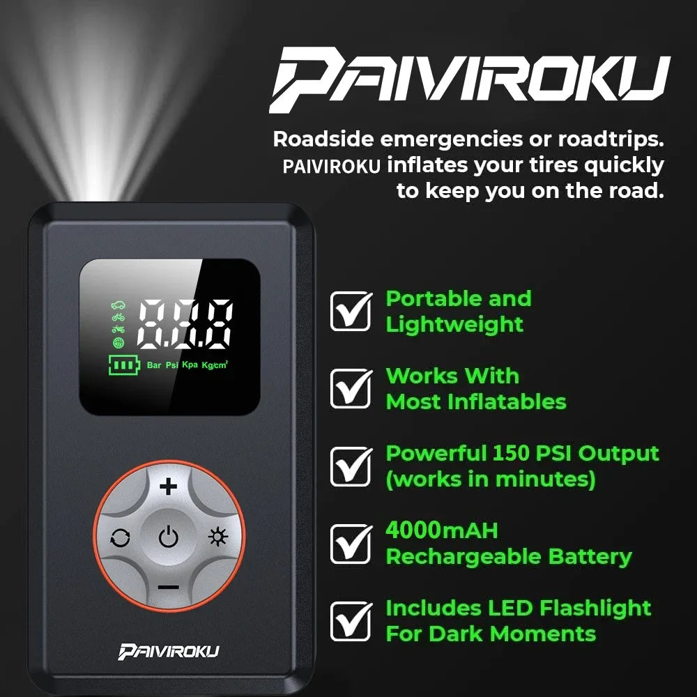 Portable Tire Inflator Cordless Air Compressor | 150 PSI Mini Bike Pump with LED Light detail view