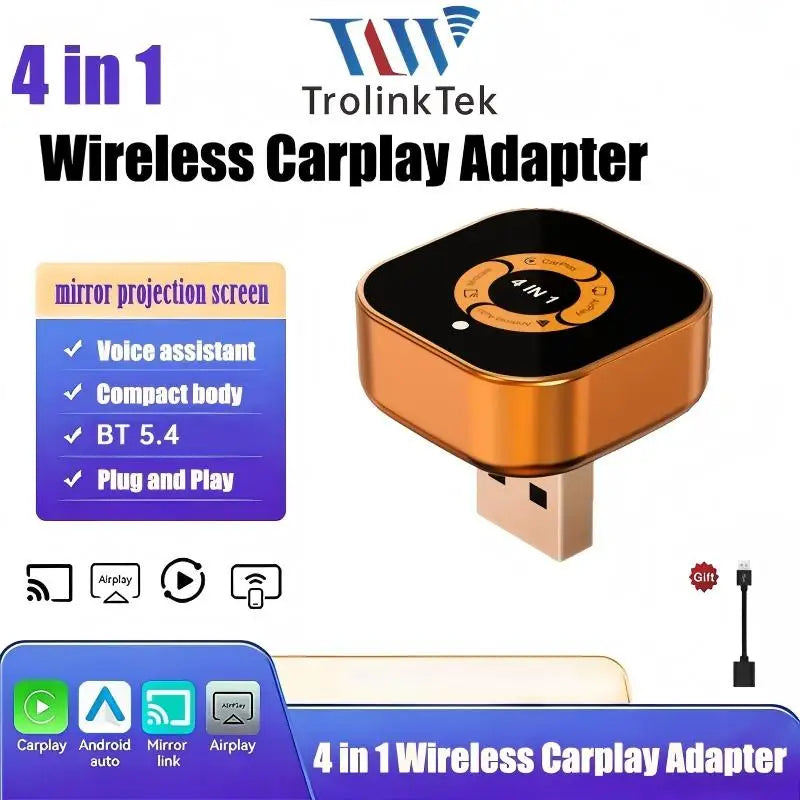 TrolinkTek 2026 Upgrade 4in1 CarPlay Adapter Wireless Android Auto | Plug and Play Smart AI Box