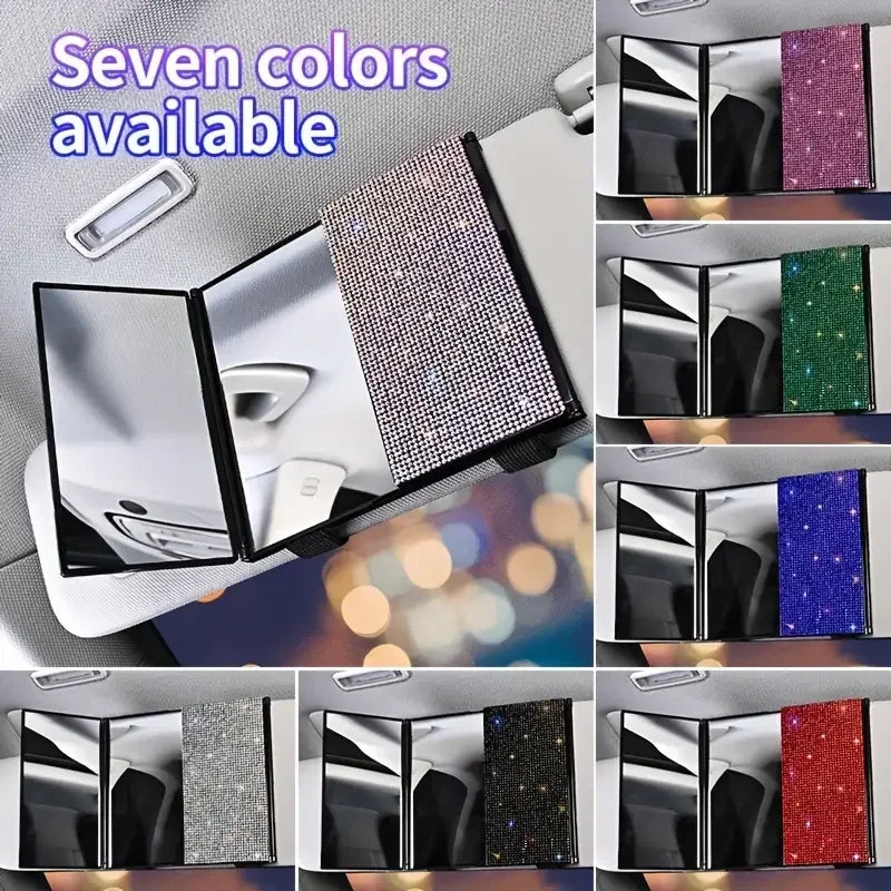 Rhinestone Crystal Car Rear View Mirror Makeup and Magnification Three-mirror Sun Visor Decor Cosmetic Mirror Auto Accessories