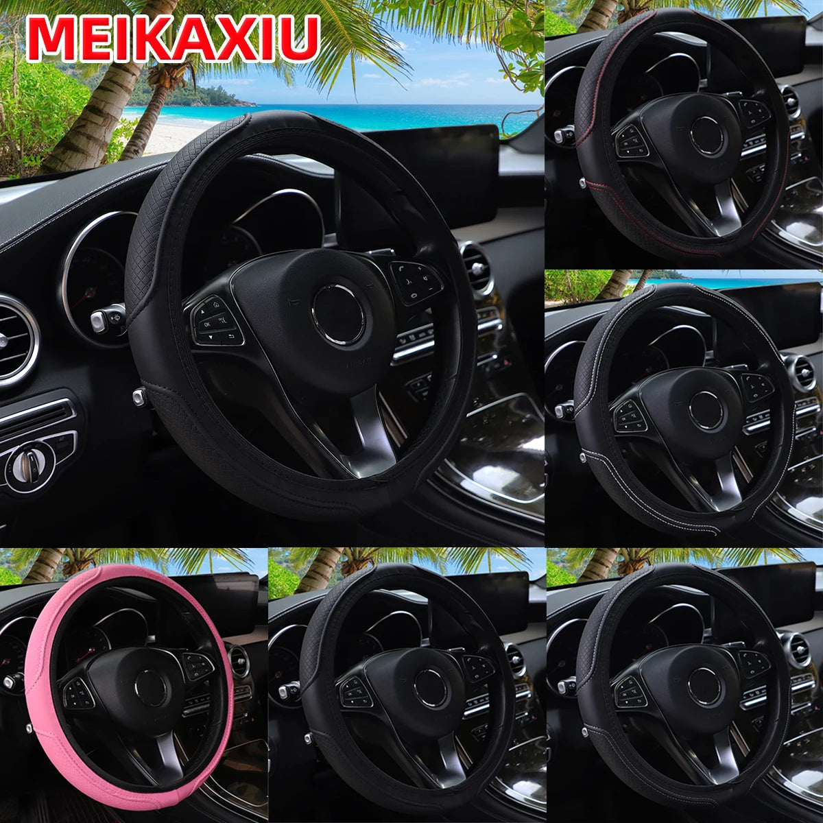 PU Leather Checkered Embossed Streamlined Car Rimless Steering Wheel Cover Suitable f alternate view