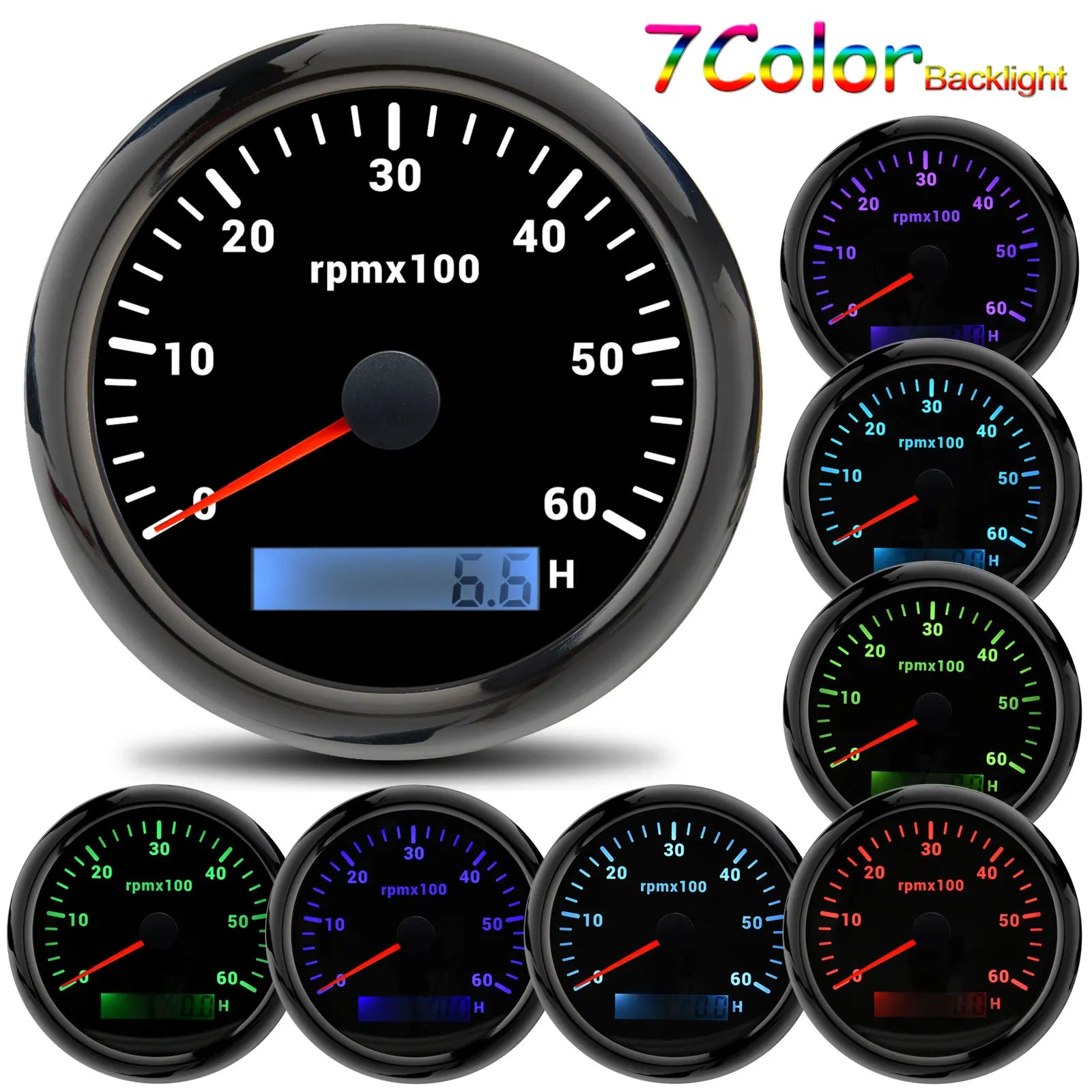 85mm Tachometer with LCD Hour Meter | 7-Color Backlight RPM Gauge for Marine Boat Car