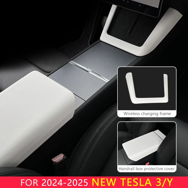 for Tesla Model Y Launch Juniper 2025 Model 3 Highland 2024 White leather Center Console Wireless charging frame Cover