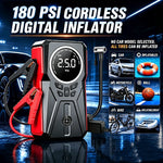 Car Jump Starter with Air Compressor, 180PSI Portable Tire Inflator, 12V Car Battery Jump Box with LCD Digital Display, LED Emergency Light, USB Quick Charge, Smart Jumper Clips for Car Motorcycle