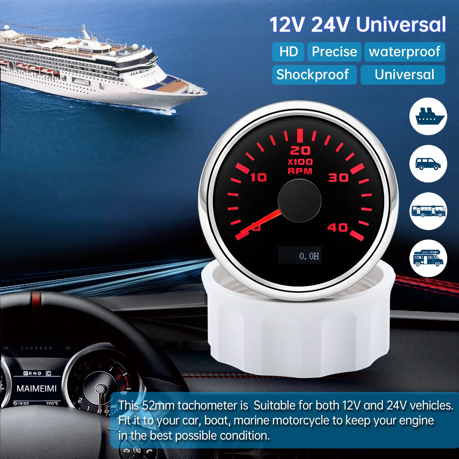 2" 52mm Tachometer Gauge | Red Backlight RPM Meter for Car Boat Marine 12V 24V additional angle
