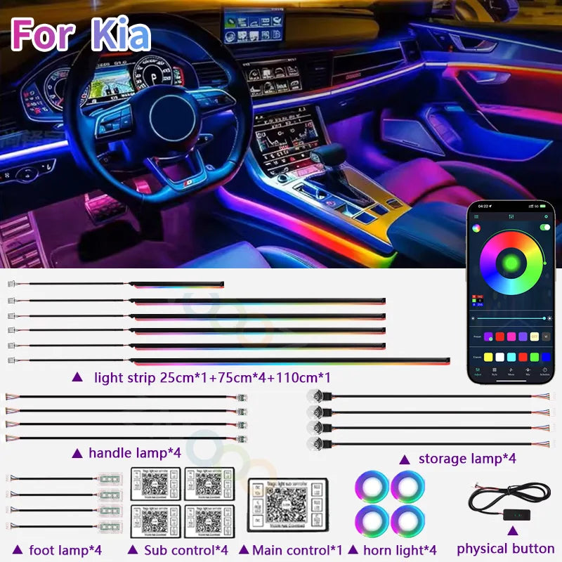 Car Interior RGB Ambient Light Kit – Bluetooth App Control, Music Sync, 6-in-1 to 22-in-1 (Universal