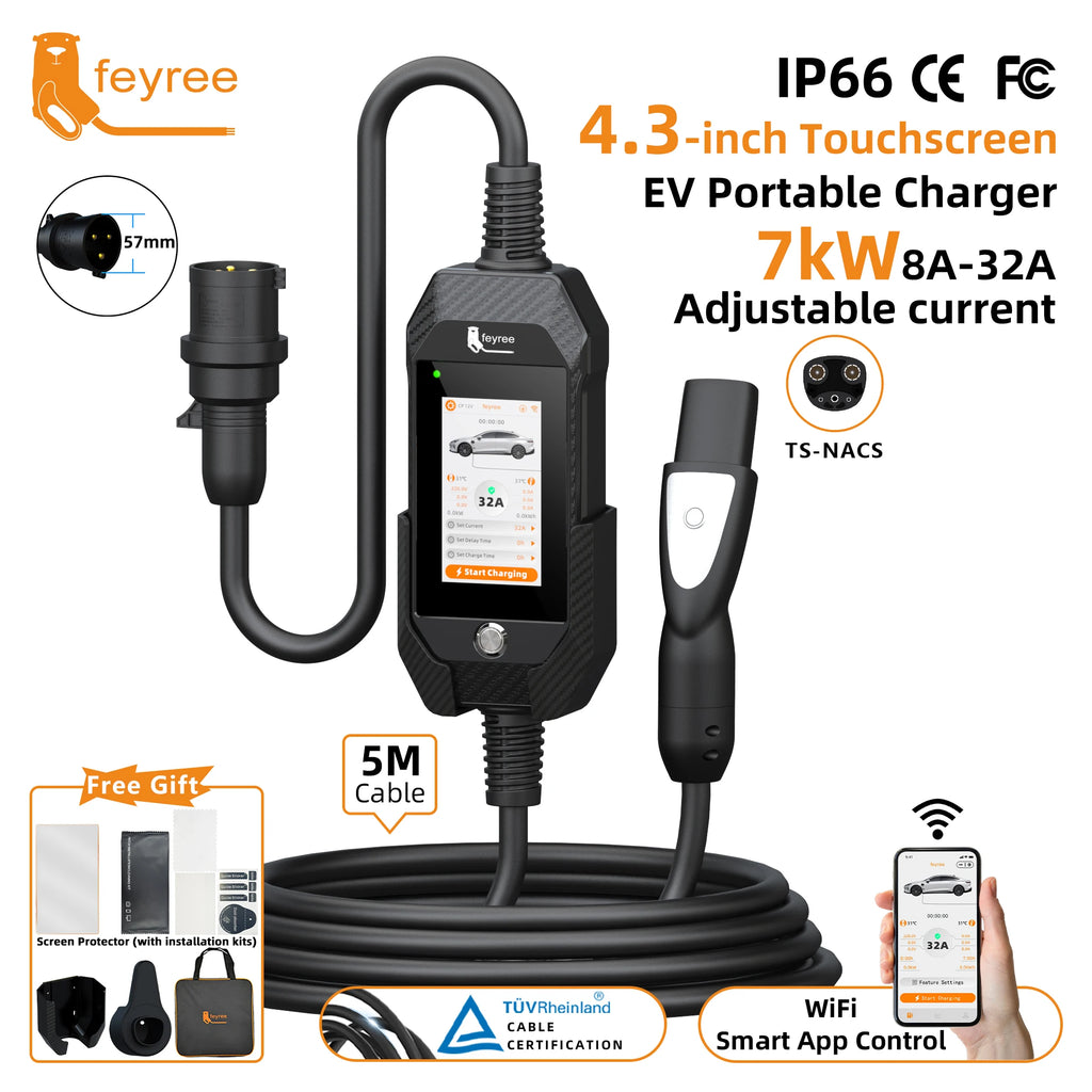 feyree 4.3 Inch Touch Screen Portable EV Charger | 7kW 32A Smart WiFi for Tesla alternate view