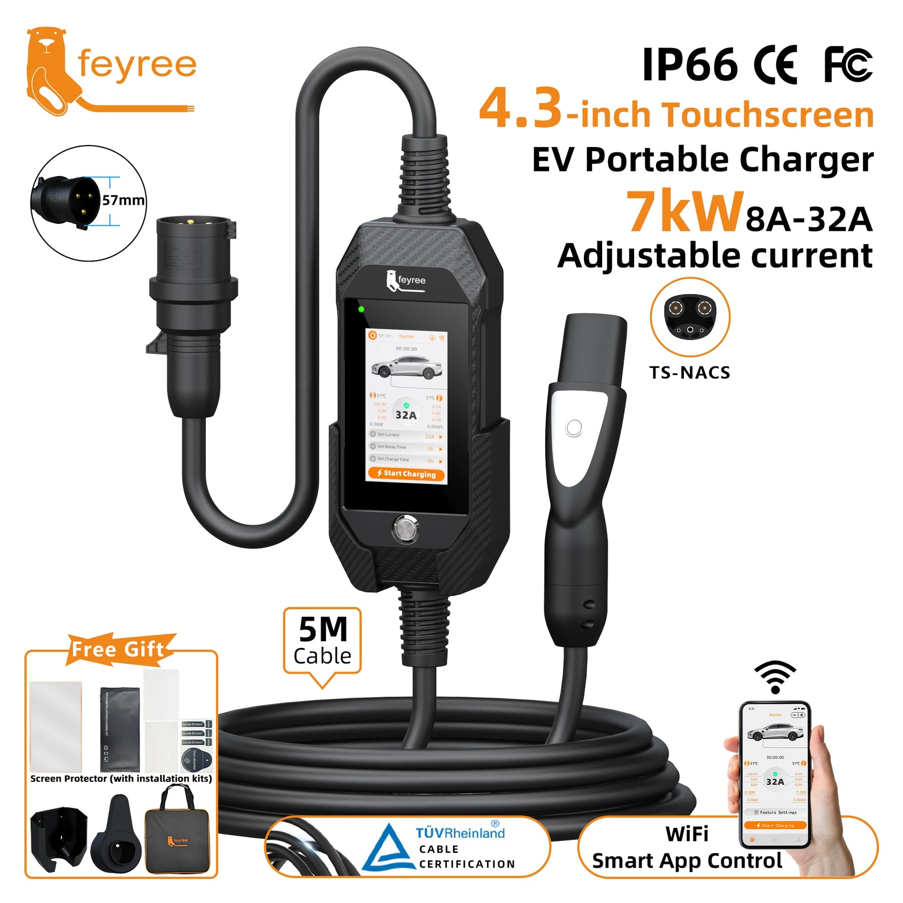 feyree 4.3 Inch Touch Screen Portable EV Charger | 7kW 32A Smart WiFi for Tesla alternate view