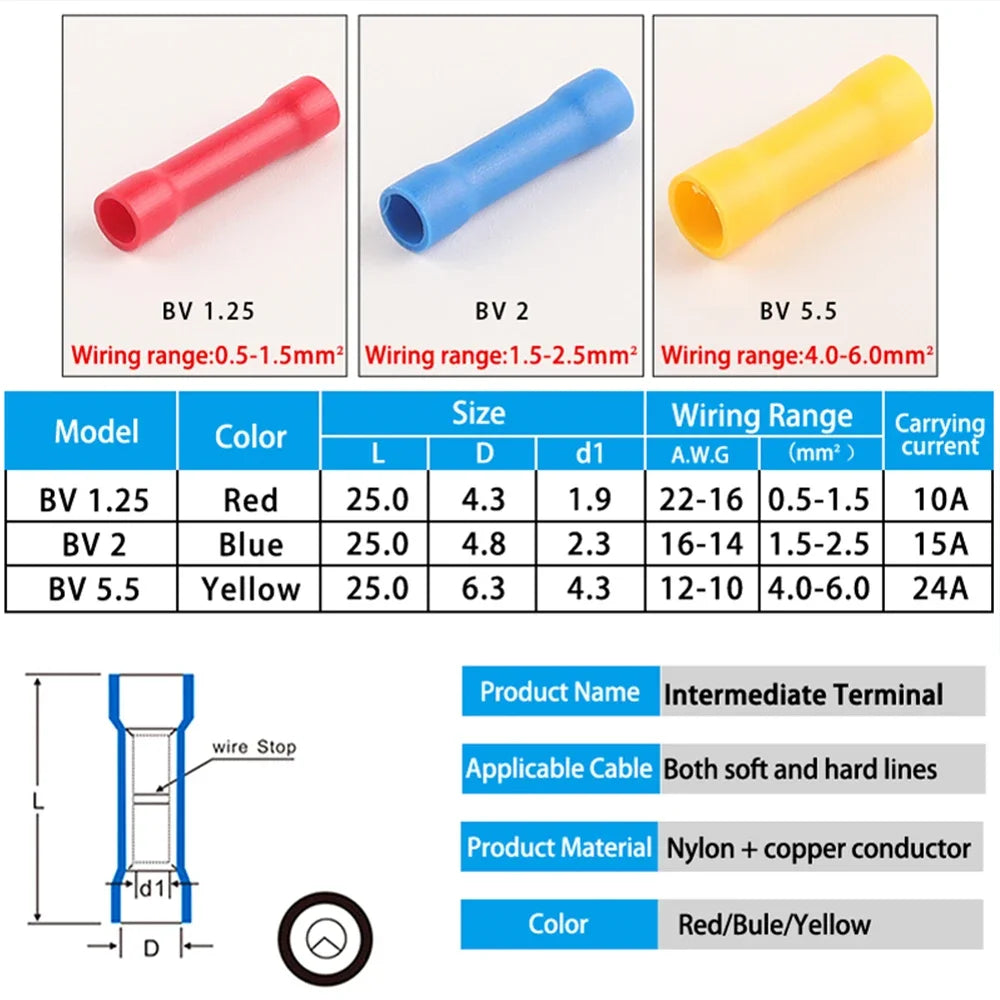 50/100/200pcs BV1.25 BV2.5 BV5.5 Insulated Straight Wire Butt Connector Electrical Co alternate view