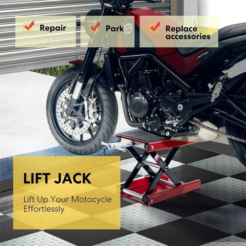 Motorcycle Lift Table 1100 Lbs Heavy Duty Hydraulic Lift Steel Dirt Bike ATV Wide Dec lifestyle view