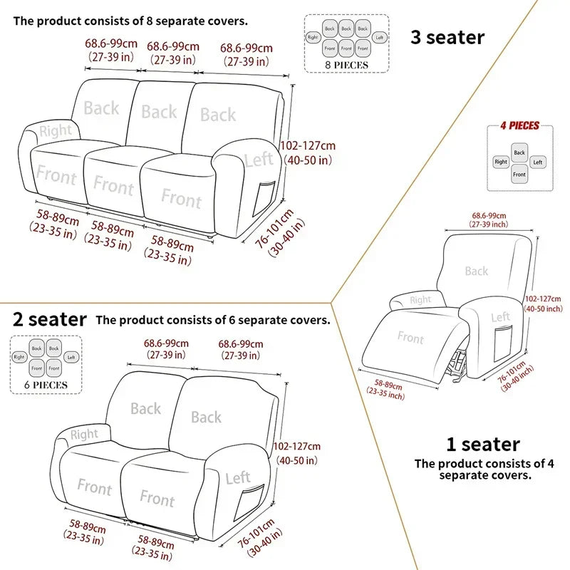 1/2/3 Seater Split Recliner Sofa Covers Solid Color Elastic Chair Cover with Side Pocket Removable Armchair Slipcover for Home
