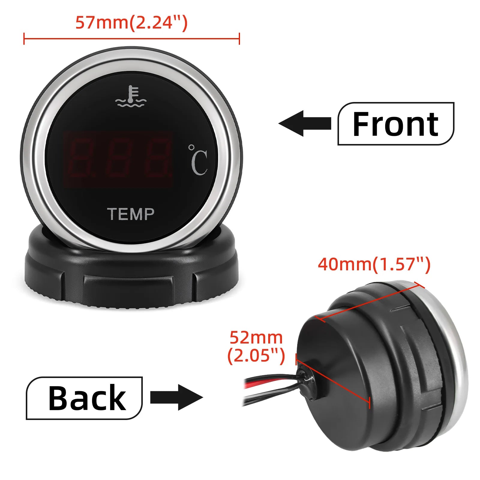 Red LED Water Temperature Gauge 52mm | 0-120℃ Temp Sensor with Flashing Alarm additional angle