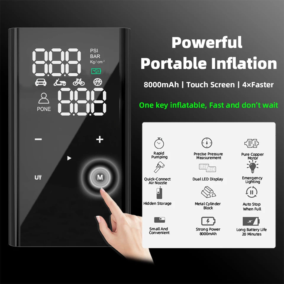 8000 mAH Wireless Air Compressor 150PSI Air Pump Compact Design Tire Inflator With USB Output For Car Motorcycle Bicycle Ball