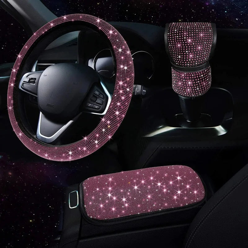 3Pcs Car Accessories Set for Women Steering Wheel Cover Gear Shift Cover Armrest Pad Mat detail view