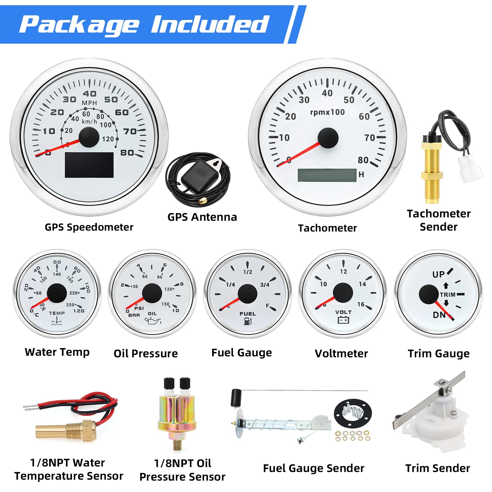 7 Gauge Set with GPS Speedometer and Fuel Float Sender | 80MPH 8K RPM Tacho for Boat lifestyle view