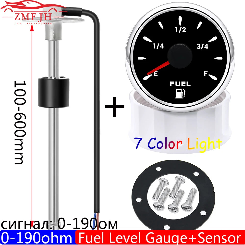 7 Color Light 2" 52mm Fuel Level Gauge with 0-190 Ohm Sensor for Marine RV Camper | Oil Tank Indicat
