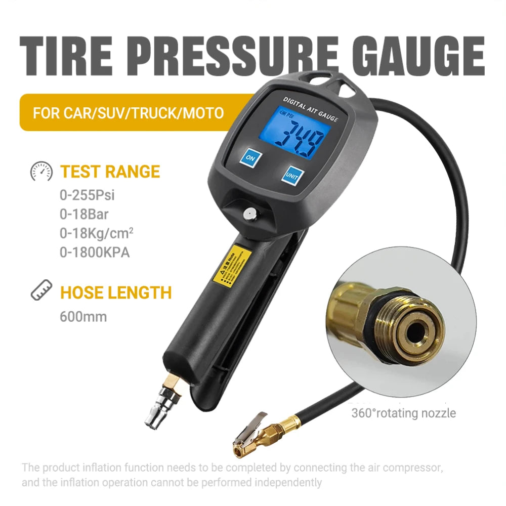Digital Tire Pressure Gauge 0-255PSI | Multi-Unit Inflator with LCD Display for Car and Bike