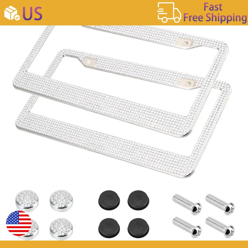 2PCS Stainless Steel License Plate Frame for Cars US-Spec Bling License Plate Frame Glitter Crystal Sparkling Rhinestone Caps