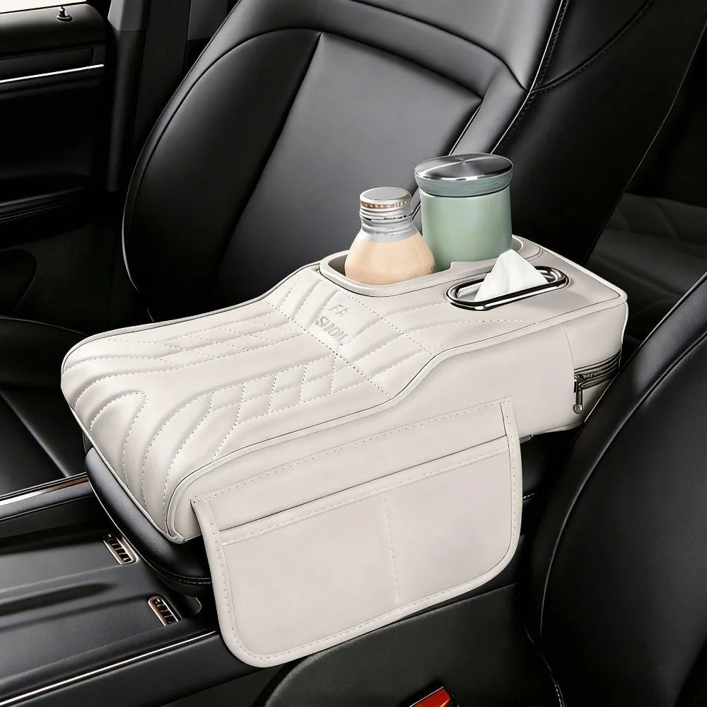 Universal Car Armrest Cushion with Tissue Box & Cup Holder, Multi-Functional Center Console Storage Organizer with Side Pocket