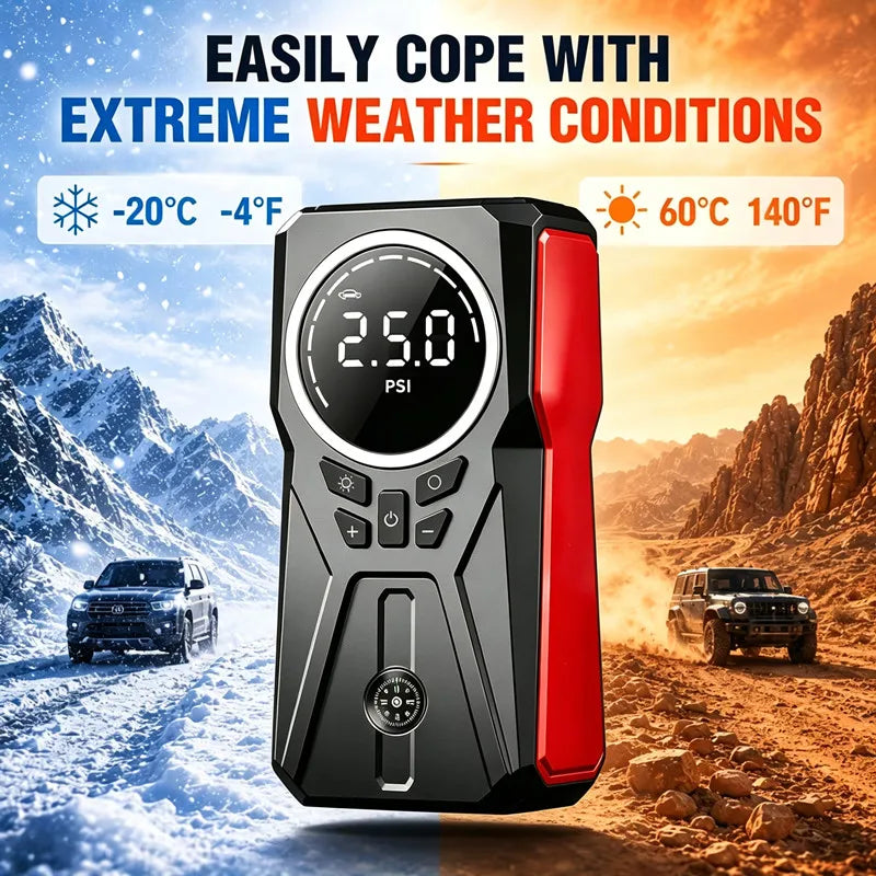 Car Jump Starter with Air Compressor, 180PSI Portable Tire Inflator, 12V Car Battery Jump Box with LCD Digital Display, LED Emergency Light, USB Quick Charge, Smart Jumper Clips for Car Motorcycle
