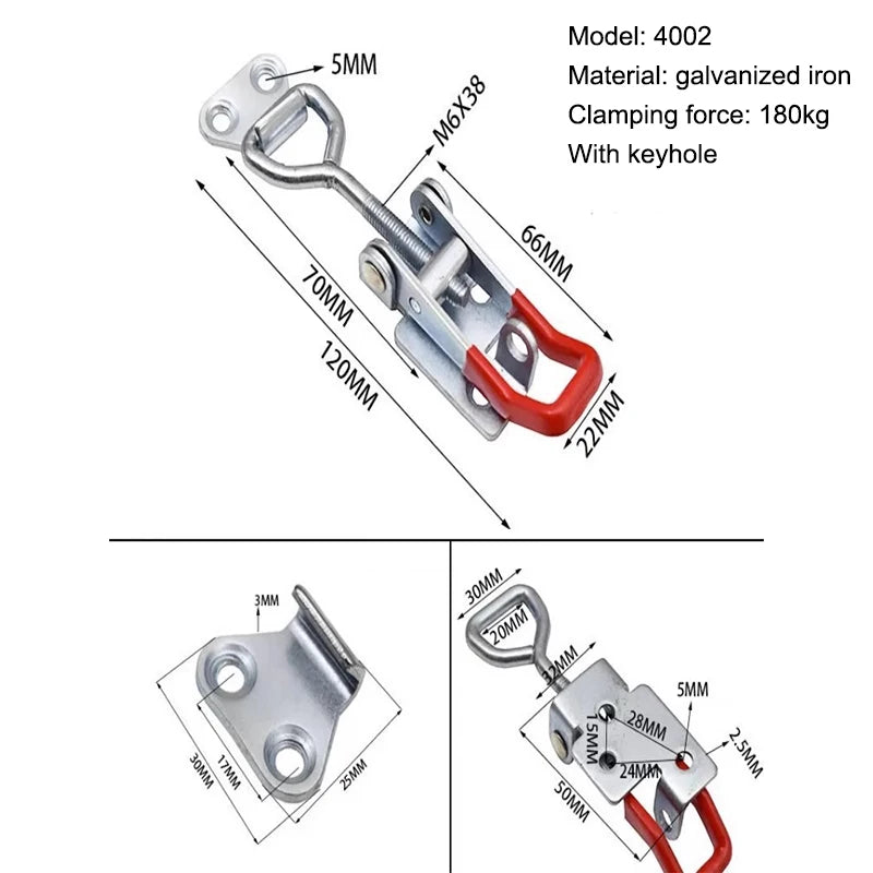 Red + Silver Adjustable Toolbox Case Metal Toggle Latch Catch Clasp Quick Release Clam close-up view