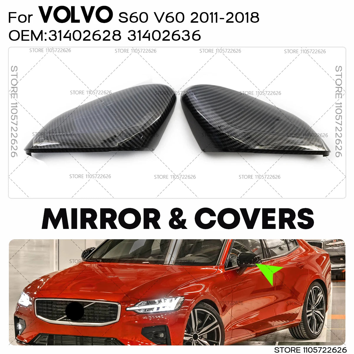 For 2011-2018 VOLVO S60 Cross Country Inscription V60 Cross Country Carbon Side Mirror Cover Rearview Caps 31402628 31402636
