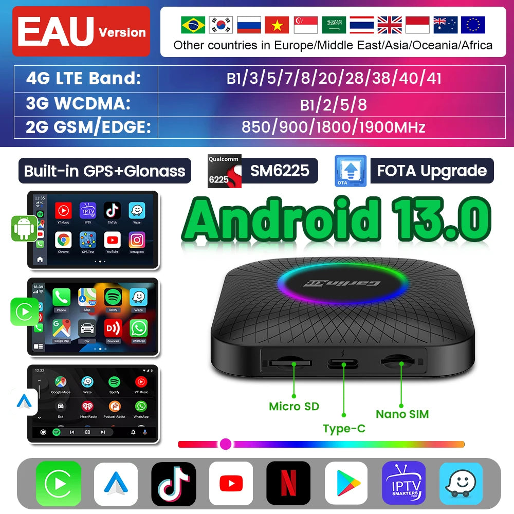 Carlinkit Ai Box Android 13 Led Wireless Android Auto & CarPlay Smart Tv Box QCM6225 Sup detail view