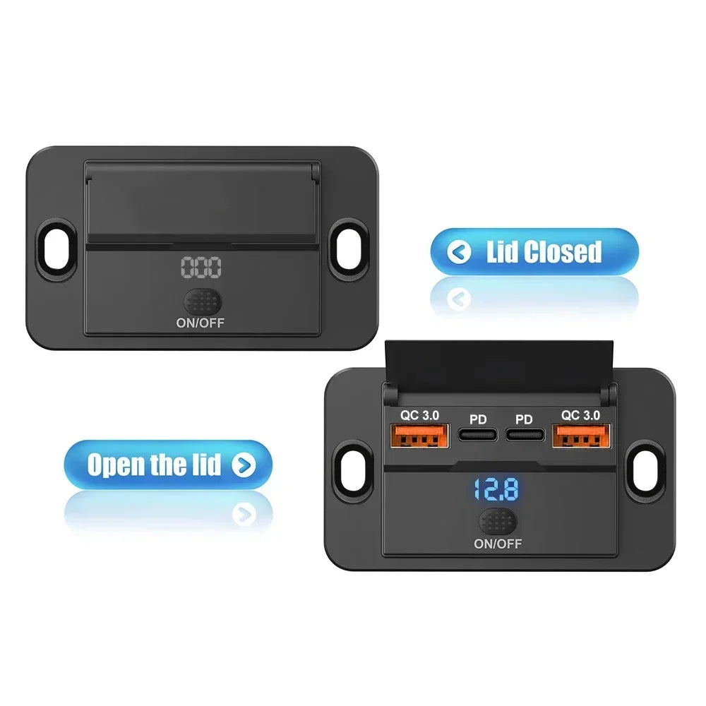 Car Charger Socket Adapter with Switch 2/4 Ports 12V 24V PD QC3.0 Charging Splitter Ou close-up view