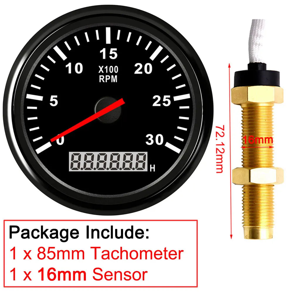 3000RPM Tachometer 85mm with Sensor | Diesel Engine Marine Boat Car RPM Gauge Hour Me alternate view
