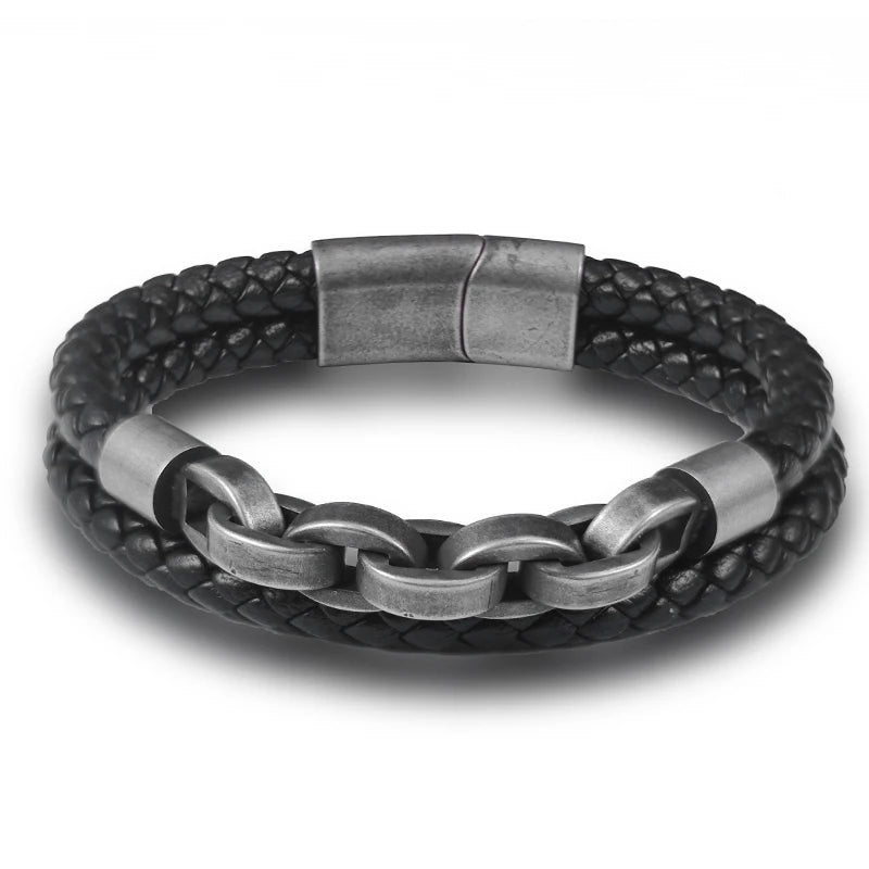 2025 Fashion Multi layered Stainless Steel Charm Viking Leather Bracelet Men's Woven alternate view