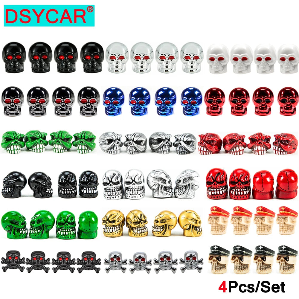 DSYCAR 4Pcs Skull Tire Valve Caps | Universal Dustproof Stem Caps