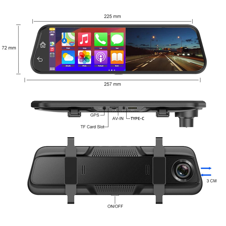 9.66" 4K Mirror Dash Cam | Android Auto, 5G WiFi, GPS, 1080P Rear, 24H Parking additional angle