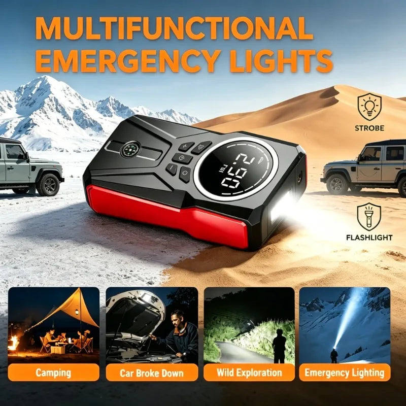 Car Jump Starter with Air Compressor, 180PSI Portable Tire Inflator, 12V Car Battery Jump Box with LCD Digital Display, LED Emergency Light, USB Quick Charge, Smart Jumper Clips for Car Motorcycle