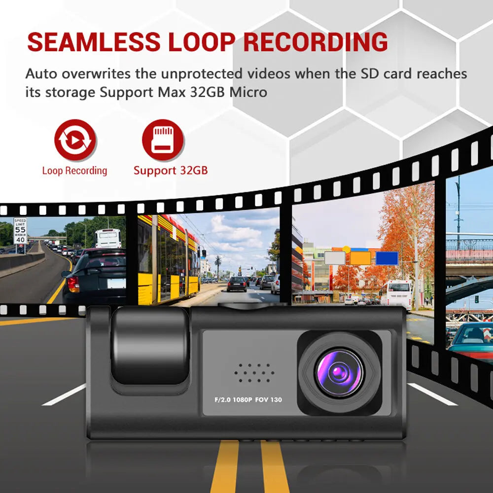 Dash Cam W/ IR Night Vision Loop Recording & 2" IPS Screen 1080P 3 Camera ， DVR recorder detail view