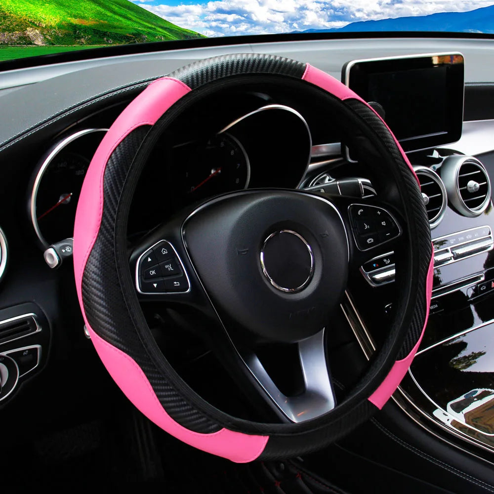 Car Decoration PU Carbon Fiber Leather Car Steering Wheel Cover No Inner Ring Universa close-up view