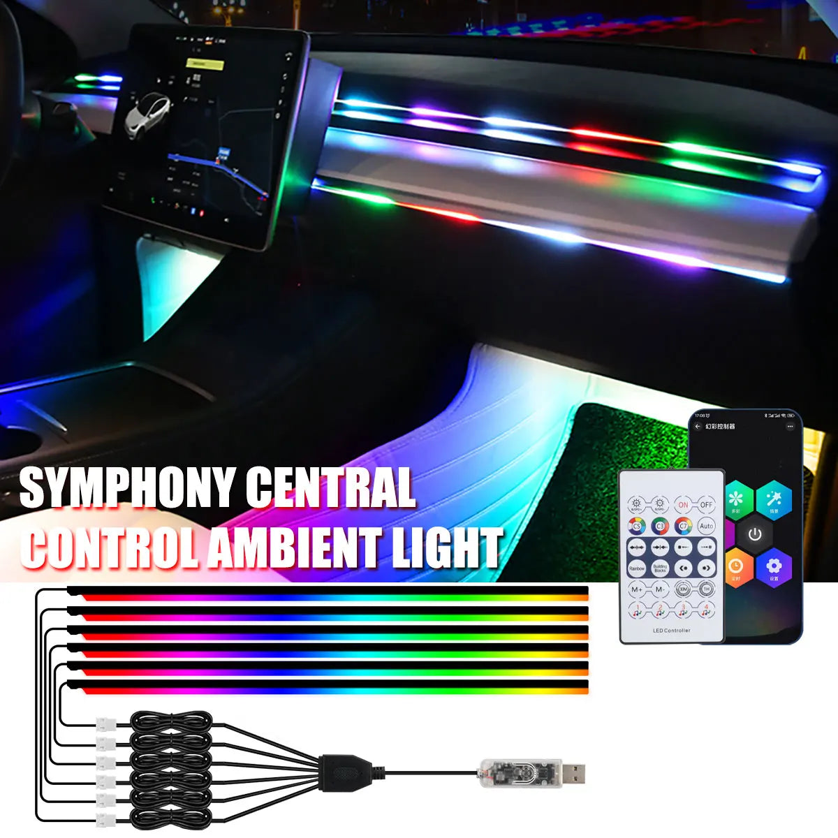 KEVANLY 10-in-1 RGB Car Ambient Light Kit | USB & APP Control, Footwell Atmosphere Lamps