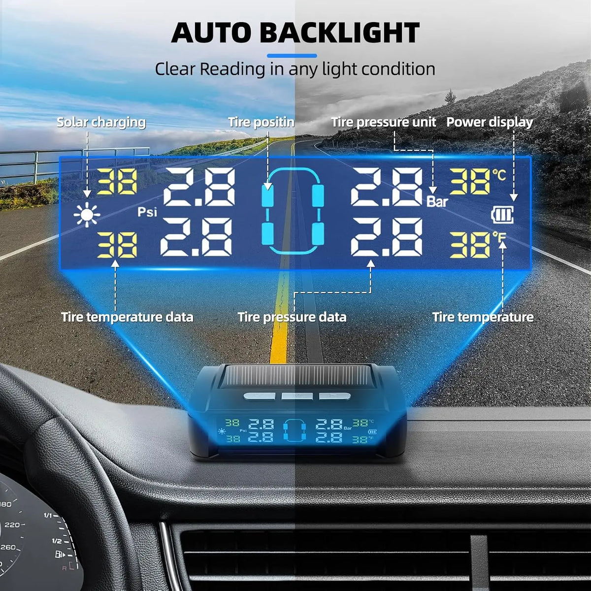 Tire Pressure Monitoring System, Universal Wireless TPMS with Solar And USB Charging, 5 Alarm Modes, Real-Time Monitoring of Pressure And Temperature, Auto And Color Display Screens, Suitable for 4-Wheeled Vehicles