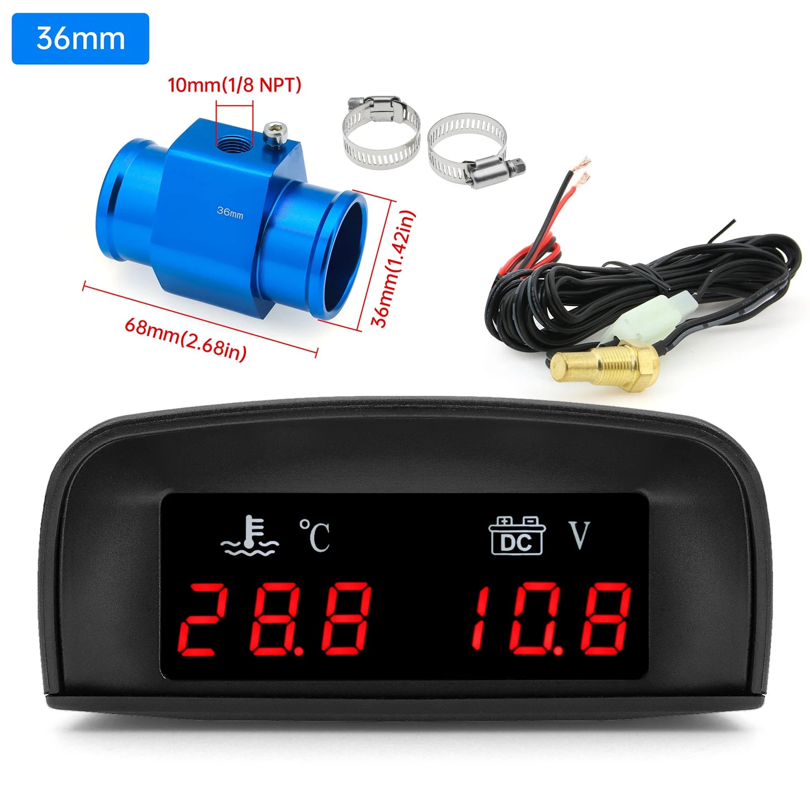 2 In 1 Car Water Temperature and Voltage Gauge | Digital LCD Display with 1/8 NPT Sen alternate view