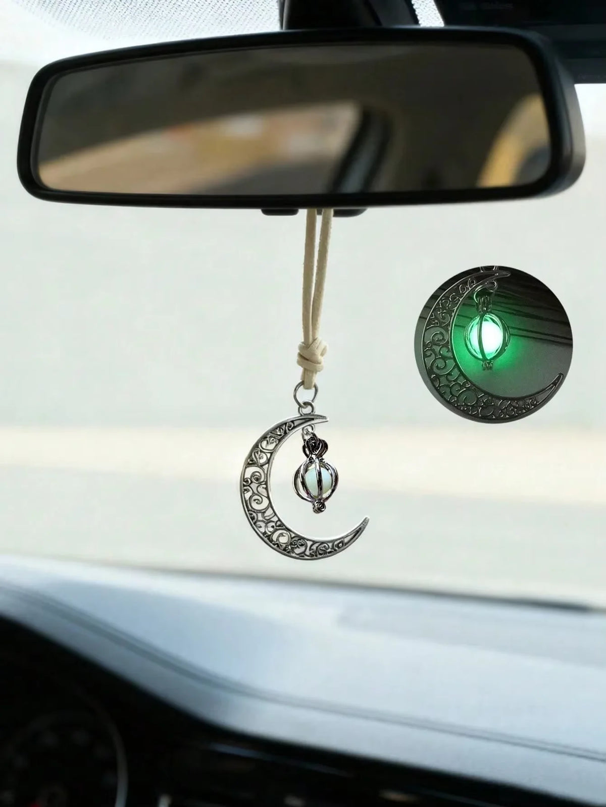 Moon Pendant Car Hanging Ornament | Hollow Crescent Design With Luminous Stone