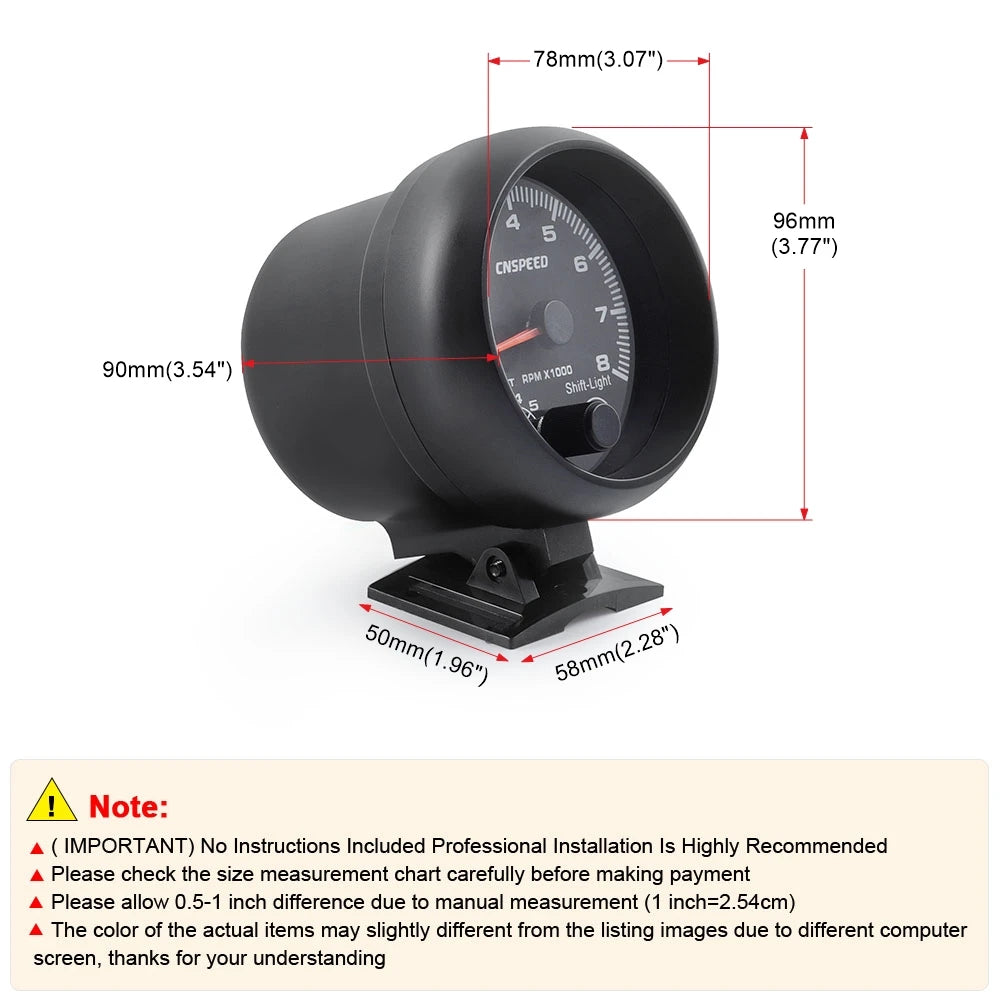 3.75'' 12V Tachometer RPM Gauge 0-8000 RPM | Universal Car Tach with Shift Light detail view