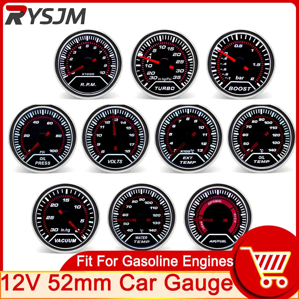52mm Car Gauge Set Water Temp Boost Oil Pressure Voltmeter Tachometer | Universal 12V Gauge Pods