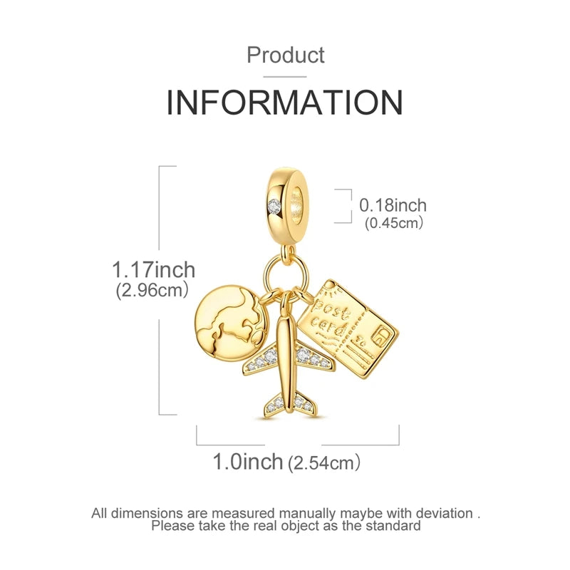 925 Sterling Silver Gold Plated Charms Bead Plane Bow Cross Cat Dangle Fit Original B alternate view