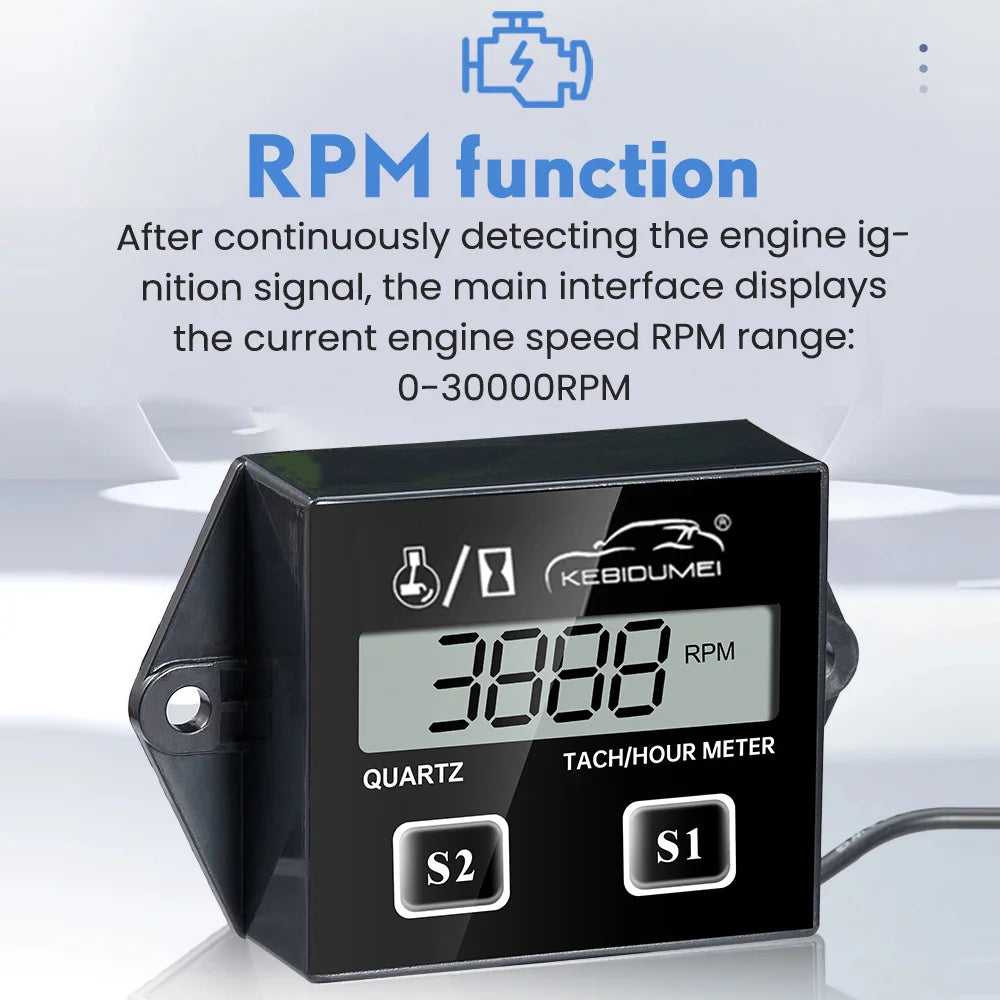 Digital LCD Tachometer Hour Meter | Engine Speed Gauge for 2/4 Stroke Motors alternate view